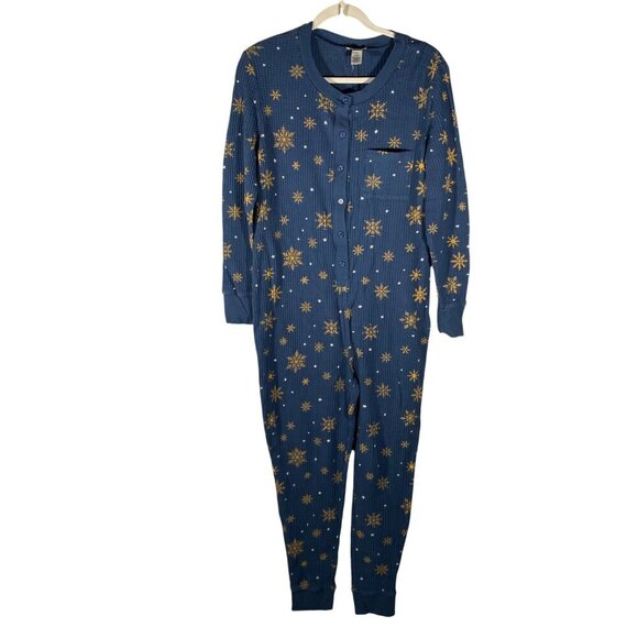 Sundance Blue Snowflake Print One-Piece Pajama Suit waffle knit Ribbed Size L - Picture 3 of 11
